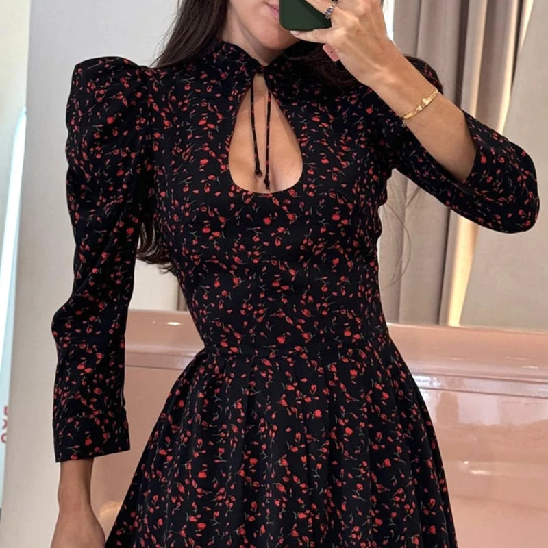 Glorol - Printed Lace Up High Waist A-Line Mini Dress