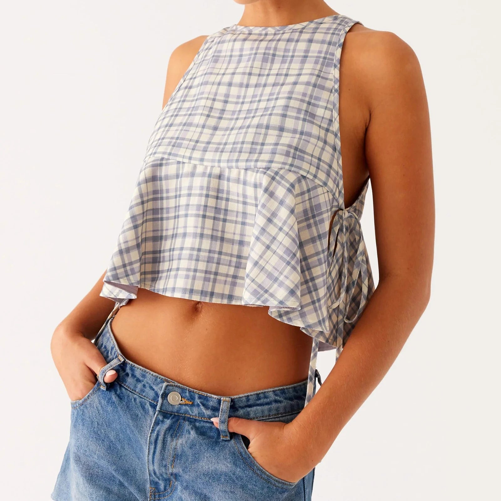 Glorol - Plaid Print Sleeveless Round Neck Tie-Up Top