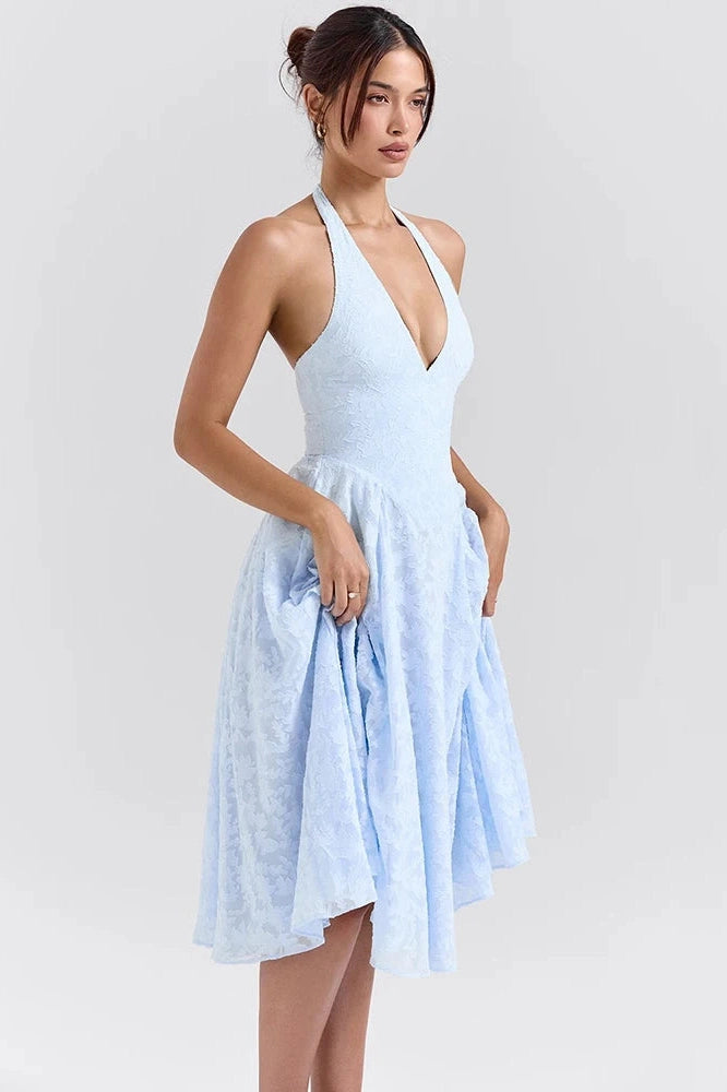 Glorol - Deep V Neck Sleeveless Backless A-line Midi Dress
