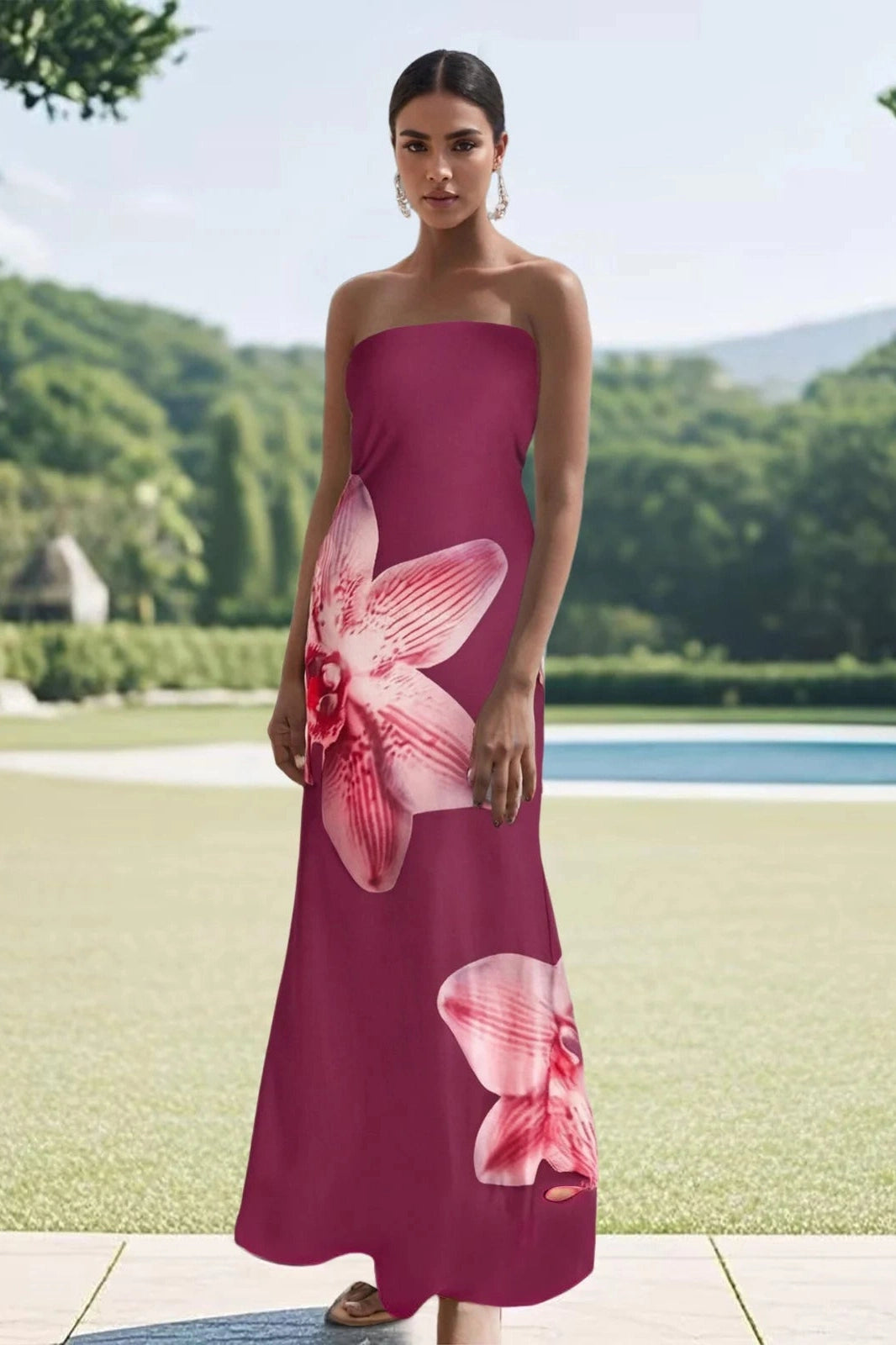 Glorol - Sleeveless Off-Shoulder Flower Print Maxi Dress