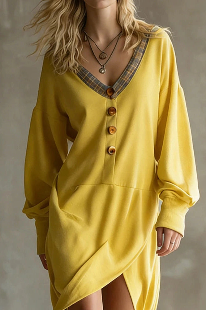 Glorol - Long Sleeve V-Neck Button Split High Waist Irregular Midi Dress