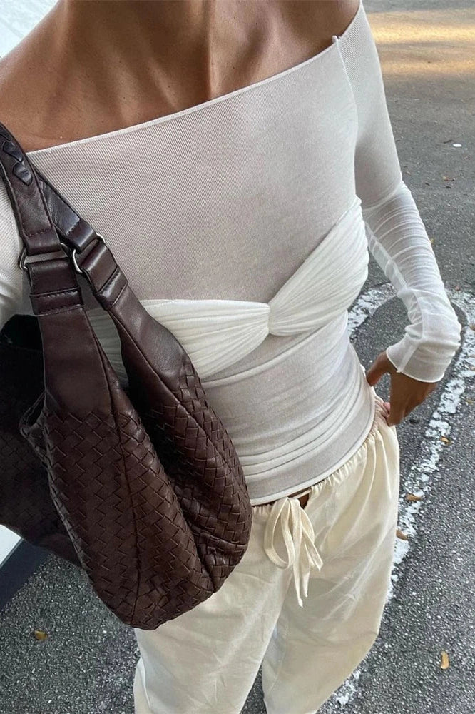 Glorol - Off-Shoulder Long Sleeve See-Through Lace Top