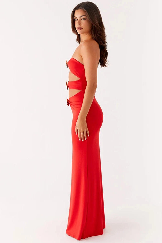 Glorol - Hollow Out Strapless Off-Shoulder Backless Bodycon Maxi Dress