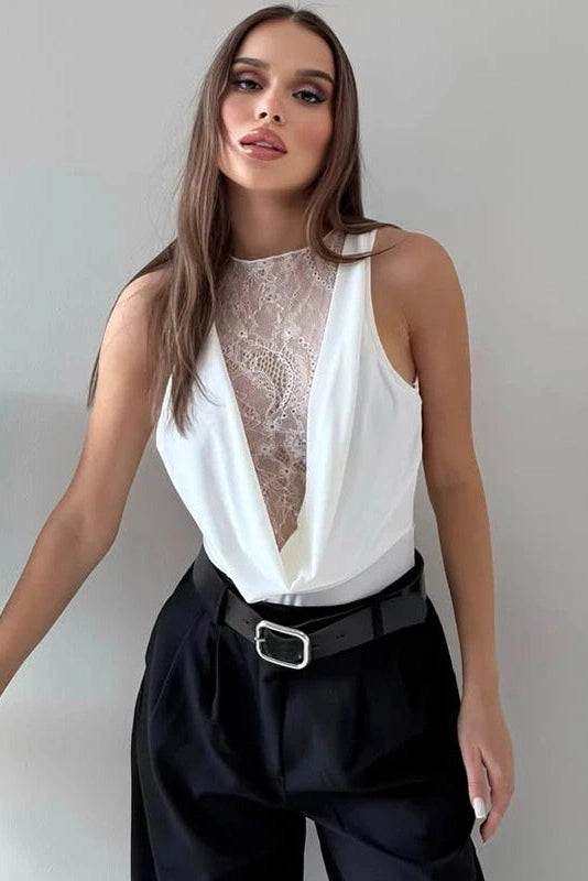 Glorol - Lace Cutout Sleeveless Pleated Jumpsuit