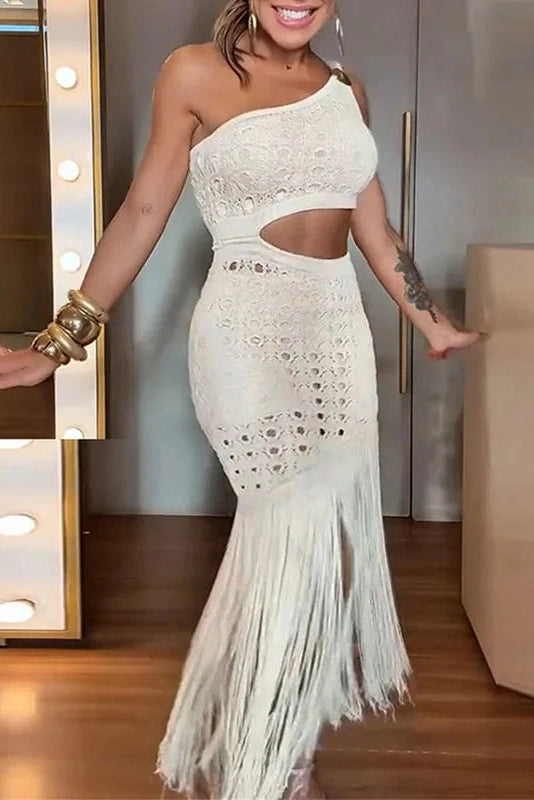 Glorol - Hollow Out High Waist Knitted Sleeveless Slim Maxi Dress