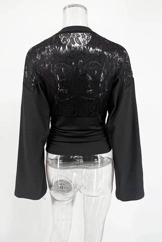 Glorol - Lace Slim Round-Neck Long-Sleeve Top