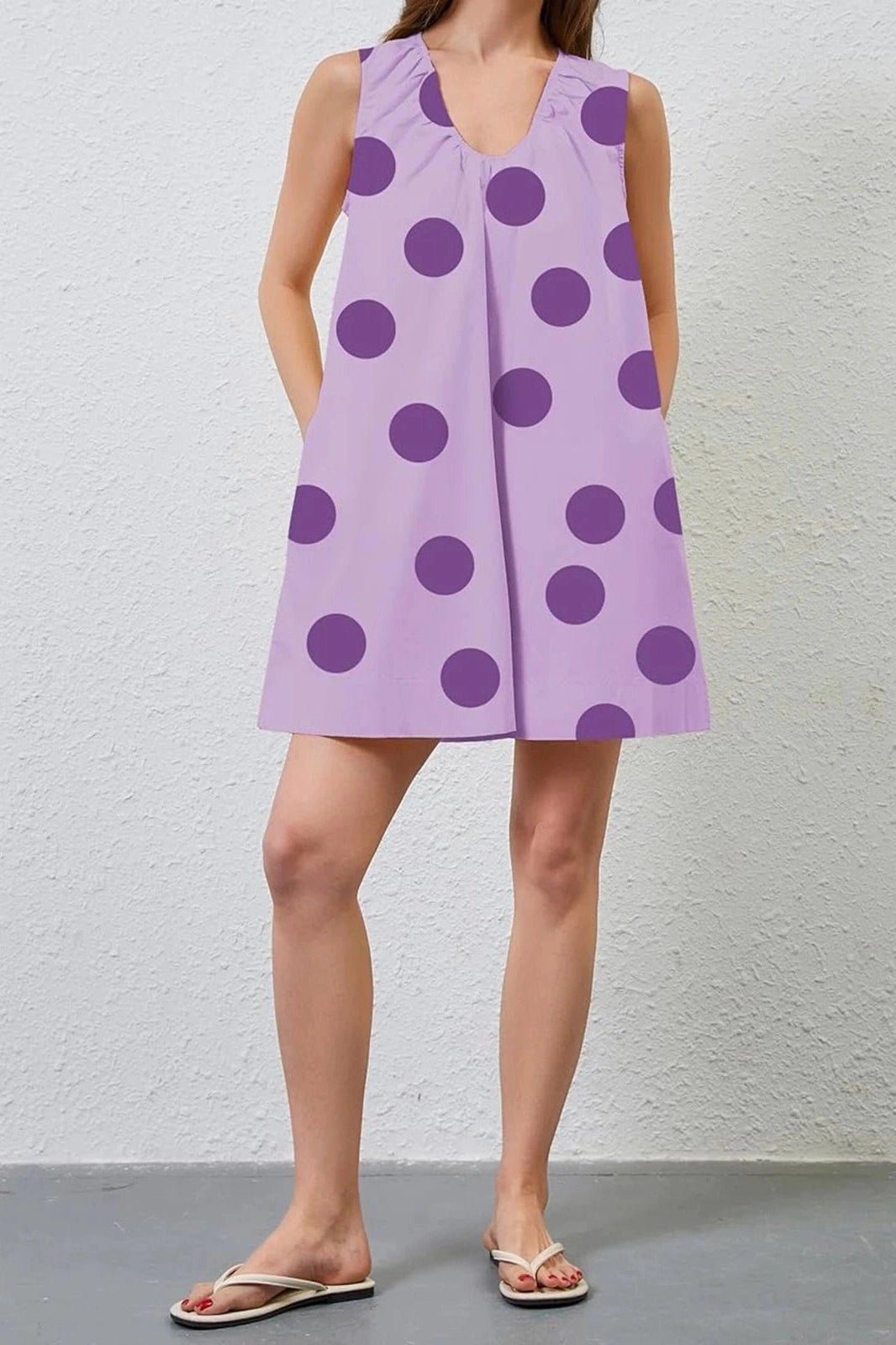 Glorol - Printed V Neck Sleeveless Loose Fit Mini Dress