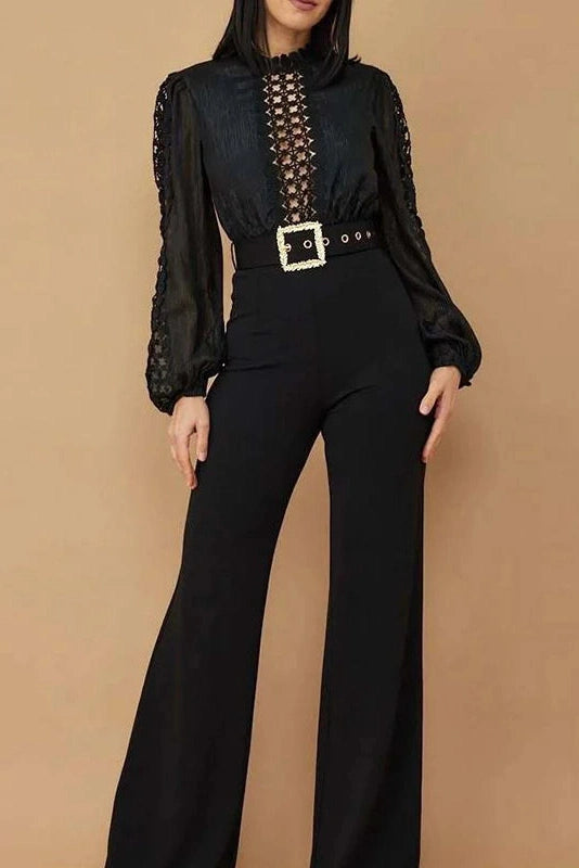 Glorol - High Waist Mesh Hollow Out Wide Leg Jumpsuit
