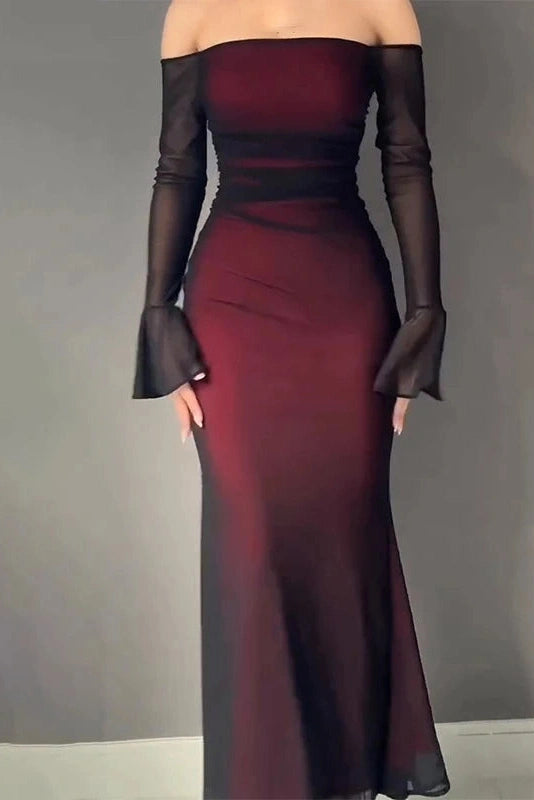 Glorol - Printed Slim Long Sleeve Off Shoulder High Waist Maxi Dress