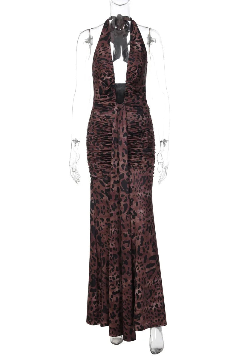 Glorol - Printed Backless Deep V Neck Sleeveless Bodycon Maxi Dress
