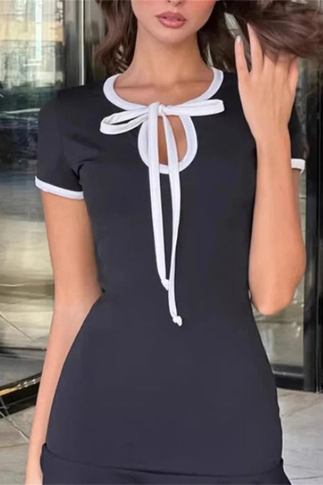 Glorol - Hollow Out Lace-Up Short Sleeve Slim Mini Dress