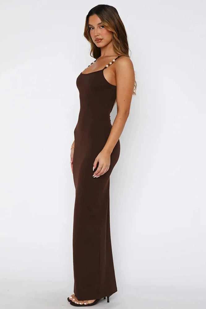 Glorol - Spaghetti Strap Backless Sleeveless Split Bodycon Maxi Dress
