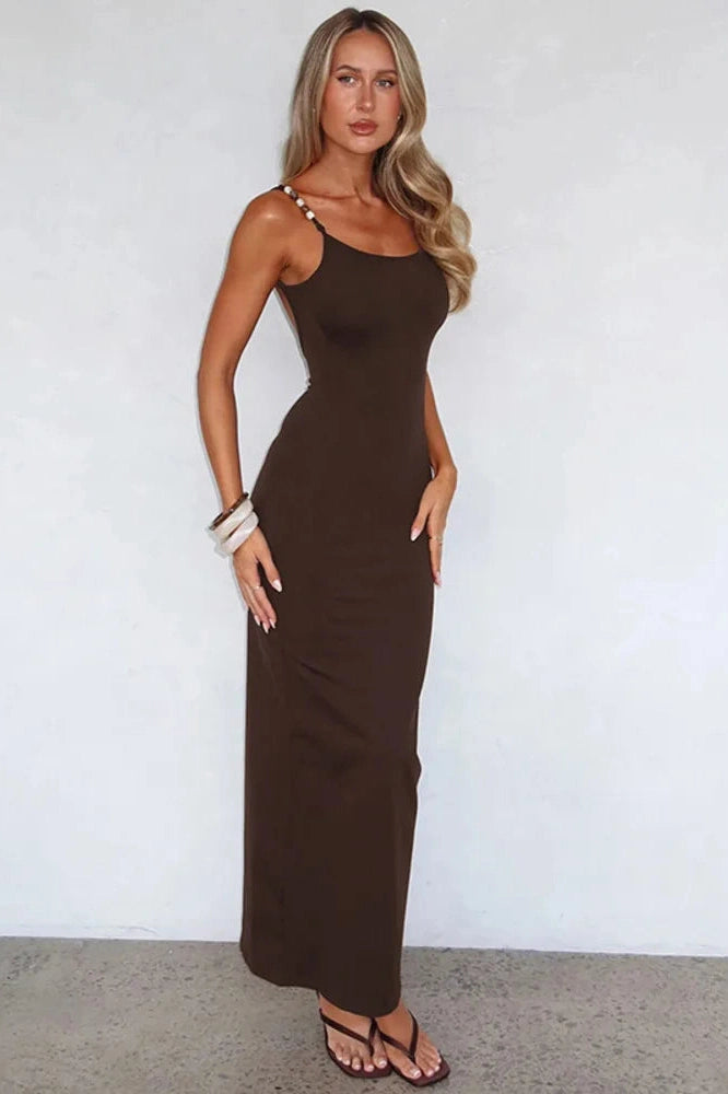 Glorol - Spaghetti Strap Backless Sleeveless Split Bodycon Maxi Dress
