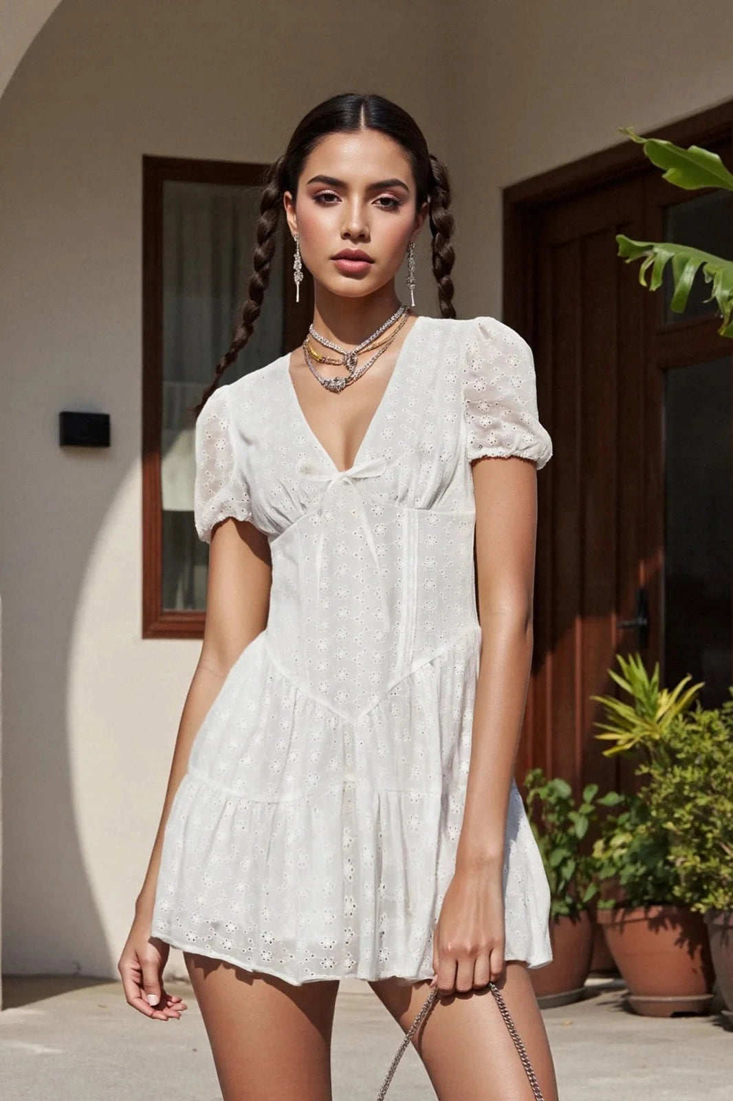 Glorol - Short Sleeve V Neck A-Line Mini Dress