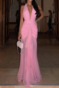 Glorol - Backless Sleeveless V-Neck Pleated Maxi Dress