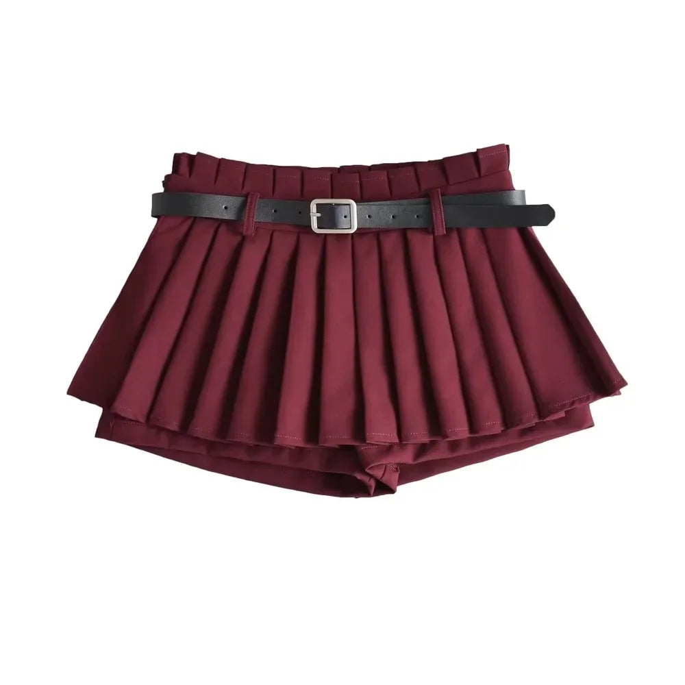 Glorol - Low Waist Pleated Belt Skirt