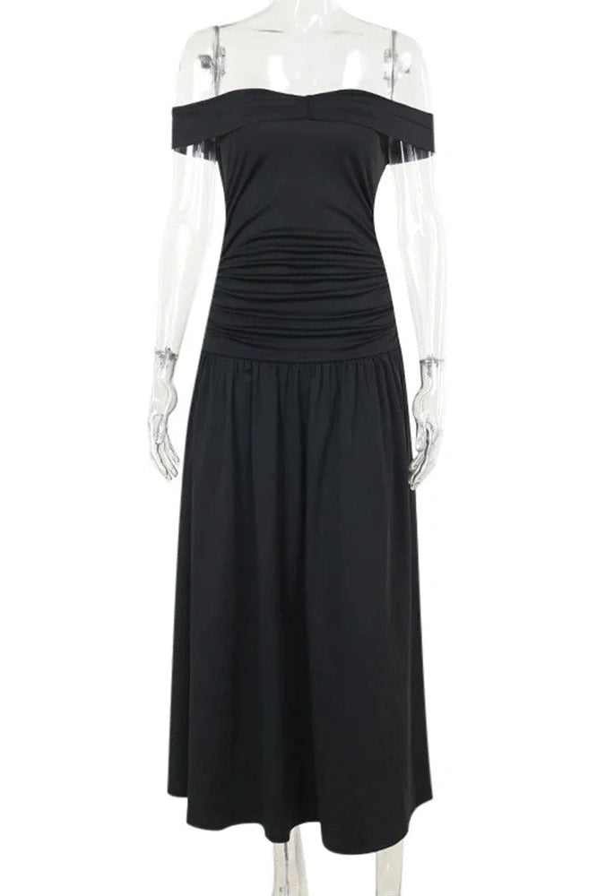 Glorol - Slim Off-Shoulder Sleeveless High Waist A-Line Maxi Dress