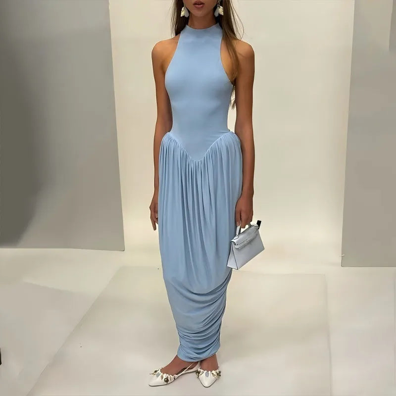 Glorol - Elegant  Pleated High Neck Slit Maxi Dress