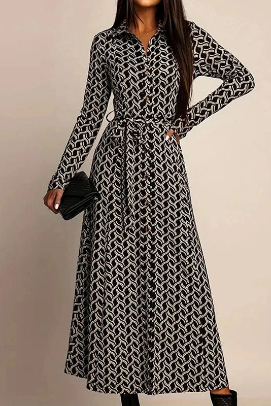 Glorol - Printed High Waist Long Sleeve Pleat Midi Dress