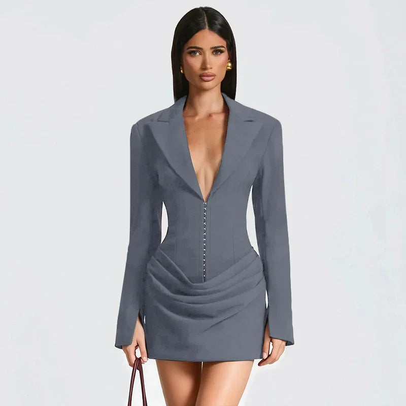 Glorol - Deep V Neck Long Sleeve High Waist Mini Dress