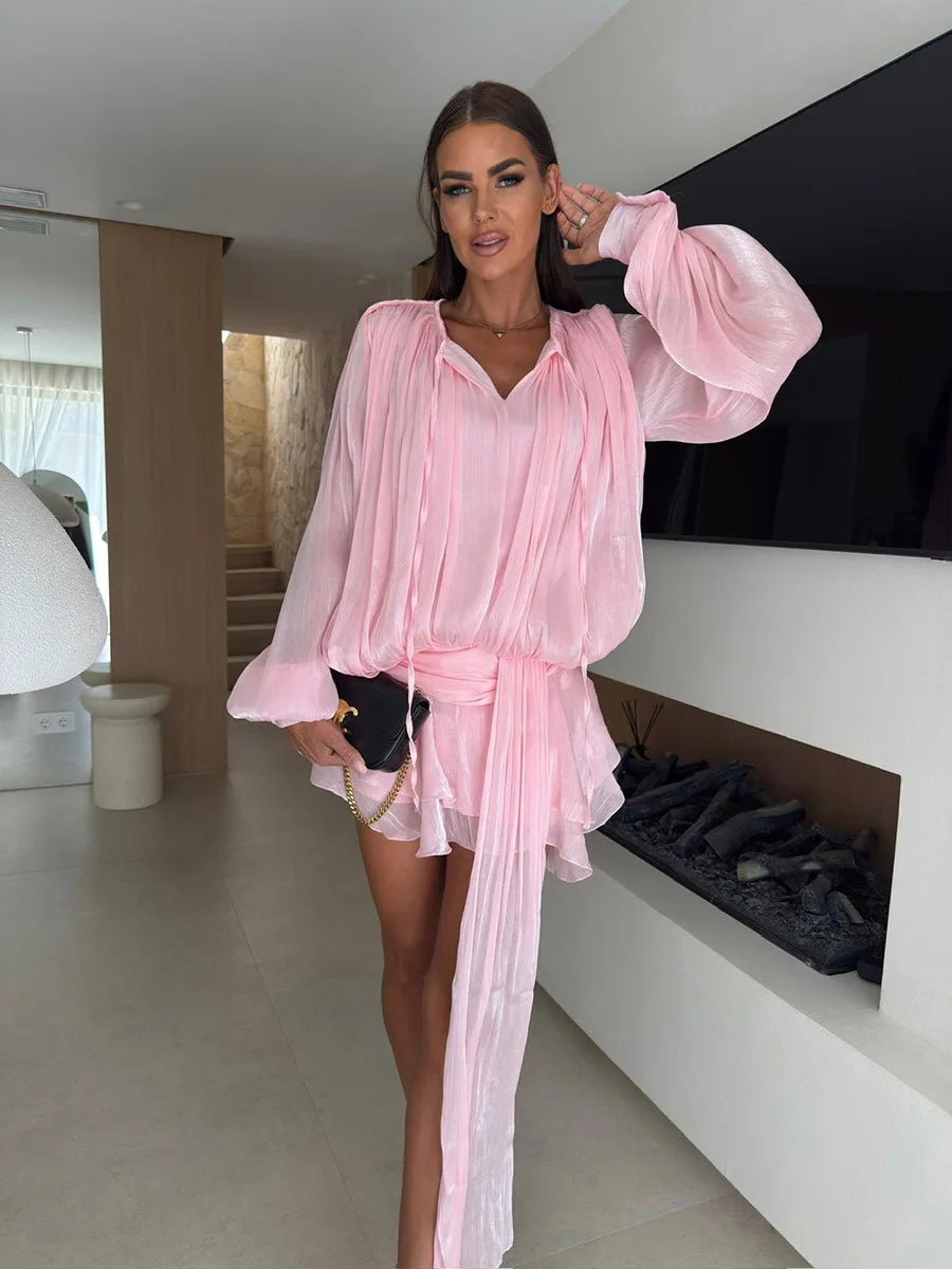 Glorol - Long Sleeve Lace Up Mini Dress