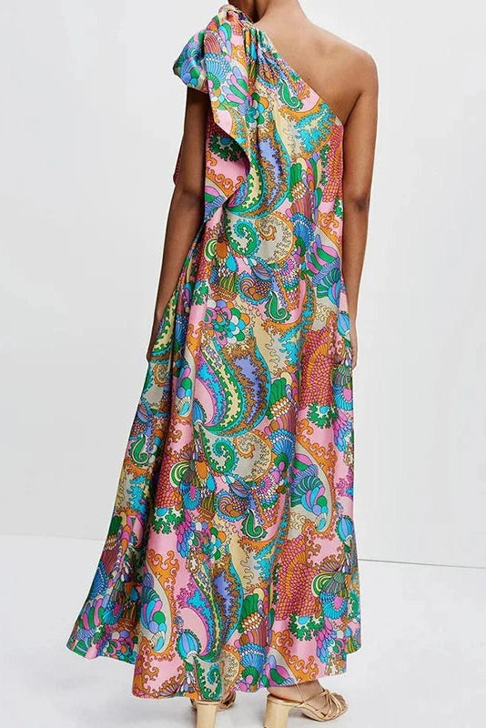 Glorol - Elegant Printed Off Shoulder Pleated Maxi Dress