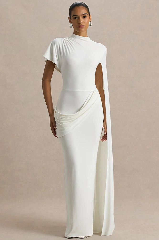 Glorol - One Cape Sleeve O Neck High Collar High Waist Maxi Dress