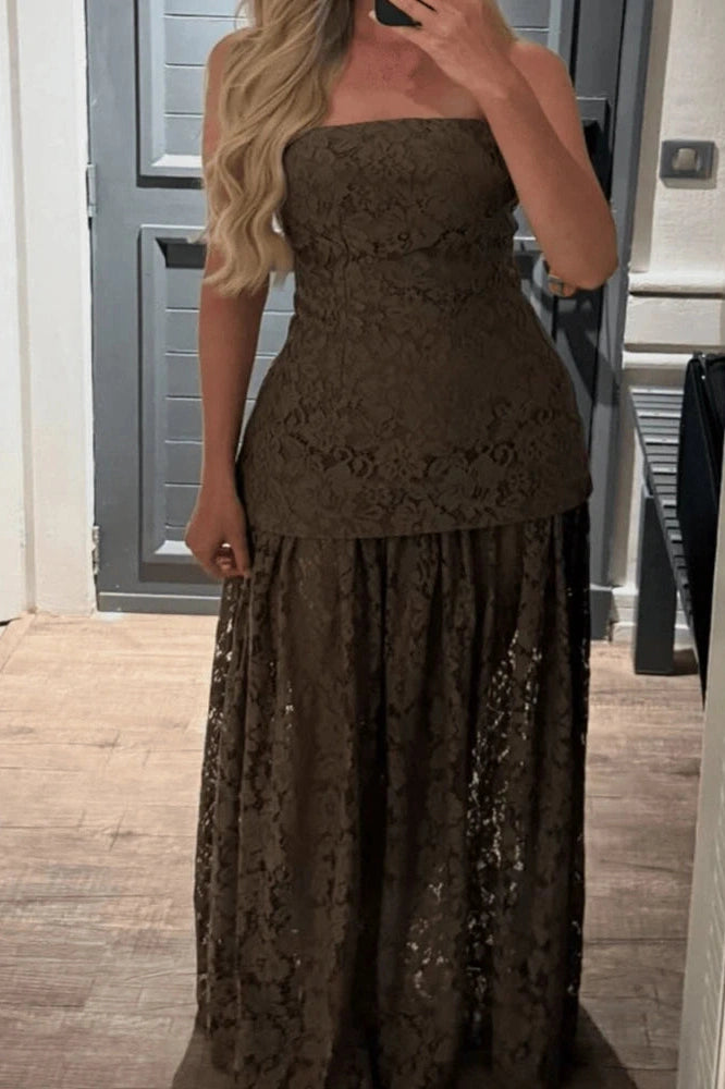 Glorol - Hollow Out Off-Shoulder Lace Pleated High Waist Maxi Dress