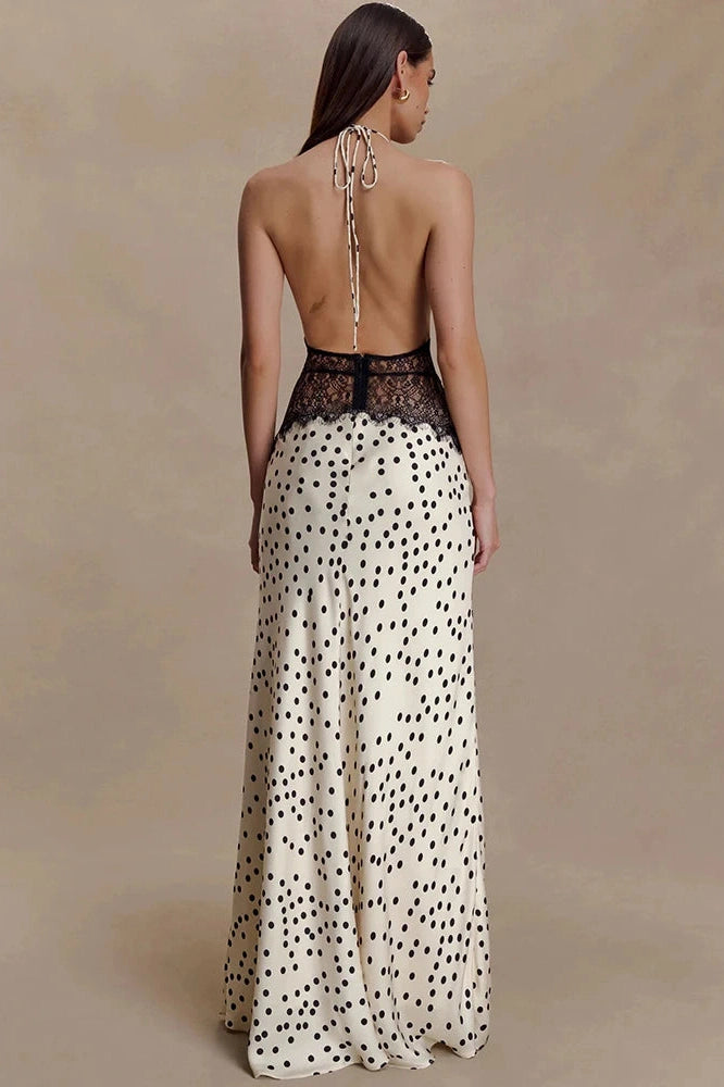 Glorol - Polka Dot Backless Patchwork Lace Deep V Neck Sleeveless Bodycon Maxi Dress