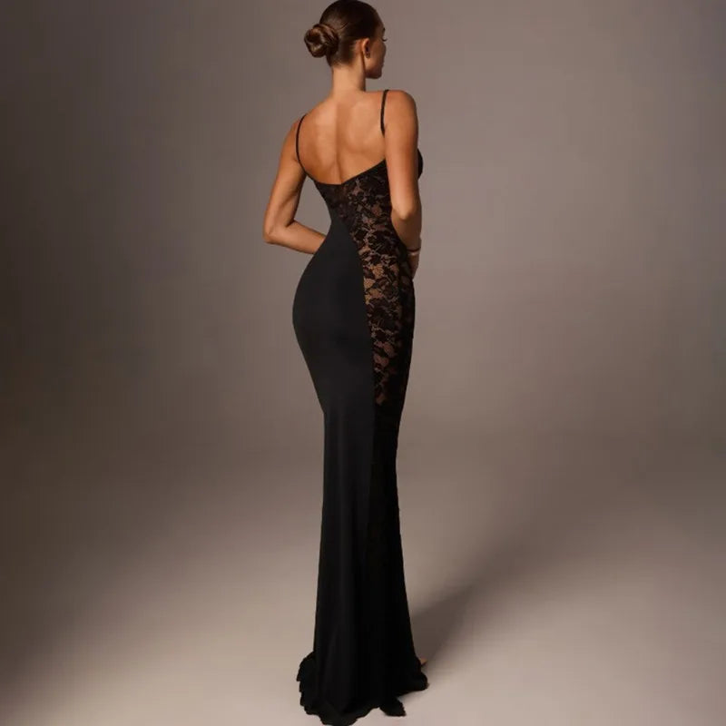 Glorol - Lace Patchwork See Through Sleeveless Maxi Dress