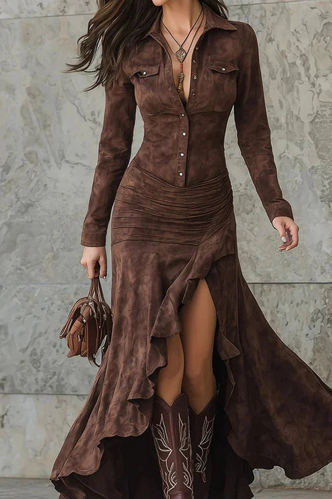 Glorol - Pleated Split Printed Slim Bodycon High Waist Maxi Dress