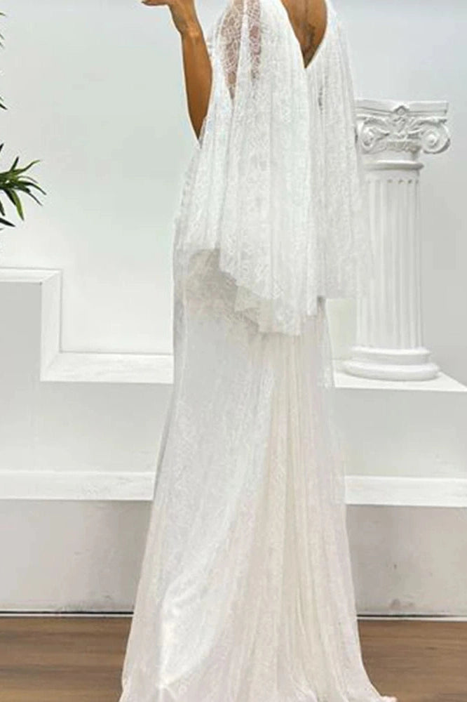 Glorol - Hollow Lace Embroidery V-Neck Slim Split High Waist Maxi Dress