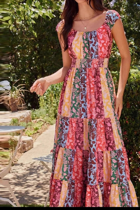Glorol - Sleeveless Pleated High Waist Printed Maxi Dress