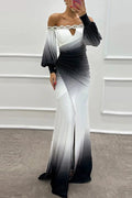 Glorol - Off Shoulder Patchwork High Waist Pleated Slim Sleeves Maxi Dress