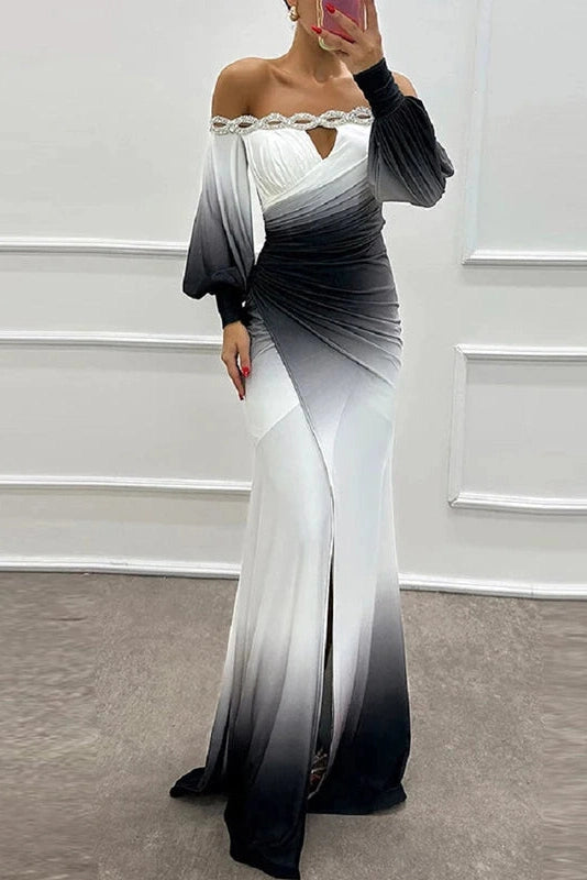 Glorol - Off Shoulder Patchwork High Waist Pleated Slim Sleeves Maxi Dress
