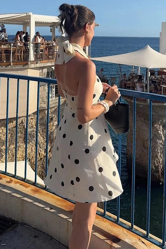 Glorol - Polka Dot Off-Shoulder Backless Pleated Strapless Mini Dress