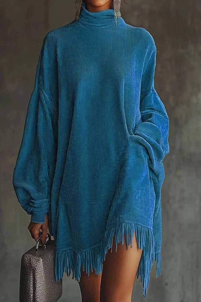 Glorol - Elegant High Waist Long Sleeve High Collar Loose Mini Dress