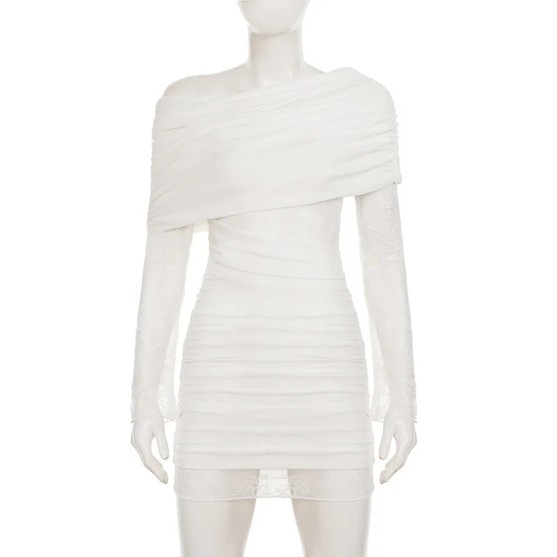 Glorol - Lace Patchwork Slash Neck Off-Shoulder Mini Dress
