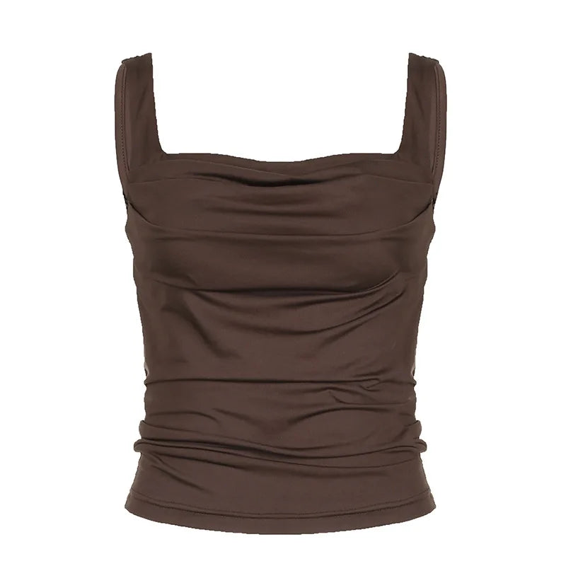 Glorol - Slim Backless Square Collar Pleated Sleeveless Top