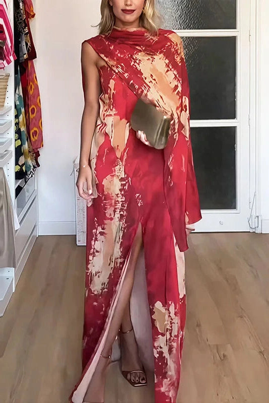 Glorol - Shawl Split Pleated Slim Printed Sleeveless Maxi Dress