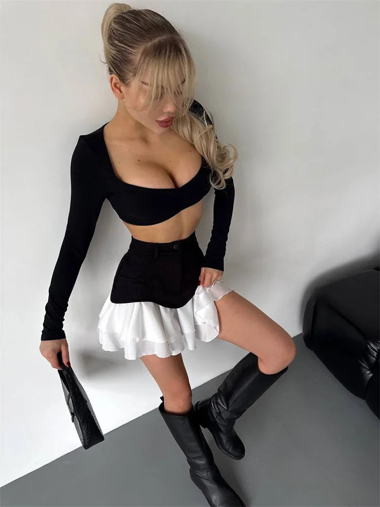 Glorol - High Waist Contrast Patchwork Pleated Skirt
