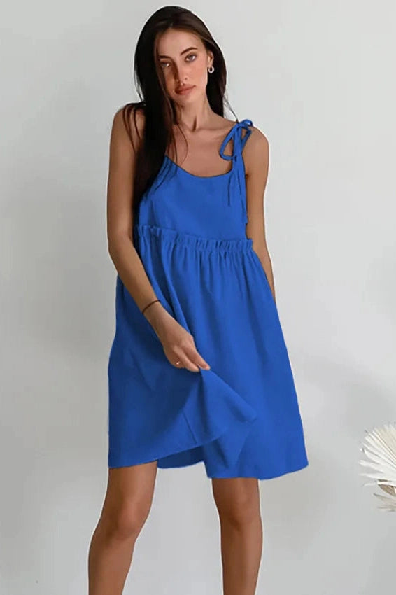Glorol - Spaghetti Strap Loose Cotton Lace Up Mini Dress