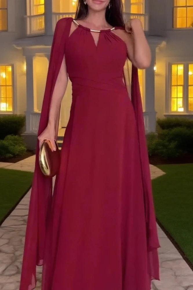 Glorol - Elegant Hollow Out Shawl Sleeve Pleated High Waist Maxi Dress