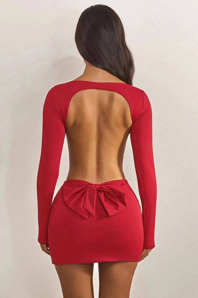 Glorol - Hollow Out Backless Long Sleeve O Neck High Waist Mini Dress