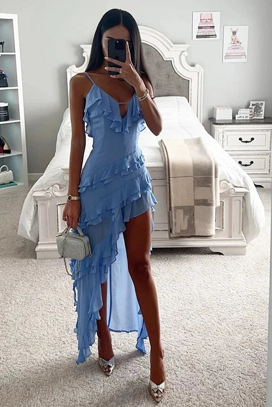 Glorol - Elegant High Split V Neck Sleeveless Slim Irregular Maxi Dress