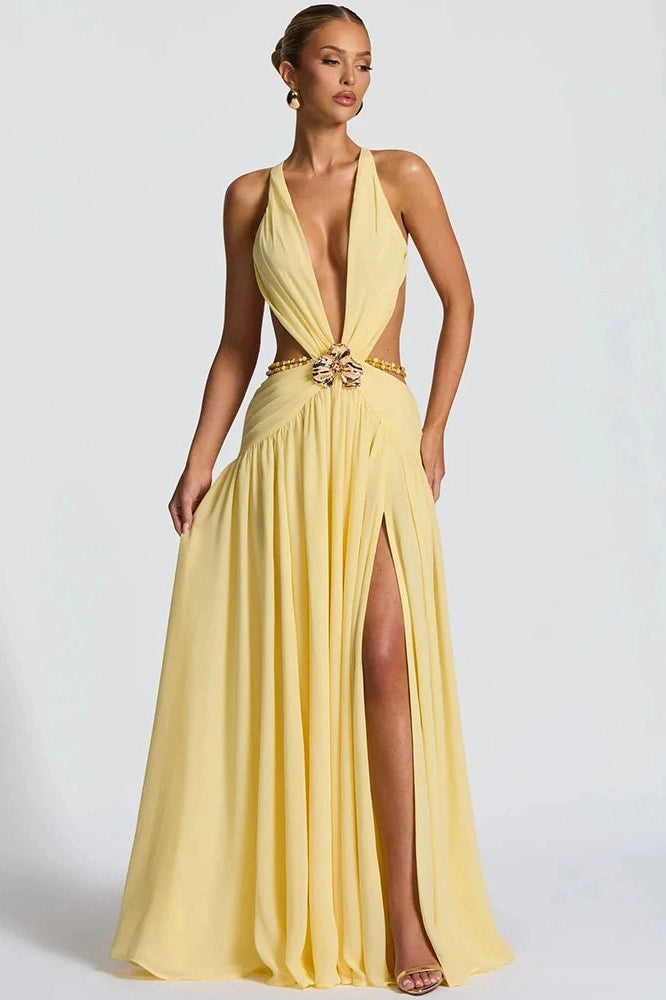 Glorol - Hollow Out Deep V Neck Sleeveless Backless High Split Maxi Dress