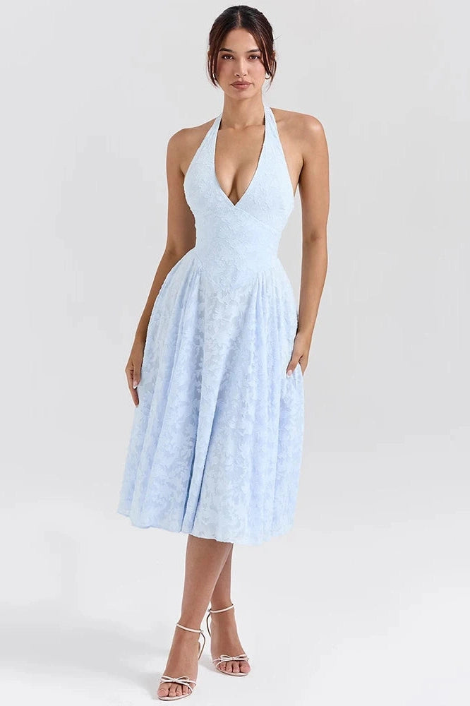 Glorol - Deep V Neck Sleeveless Backless A-line Midi Dress