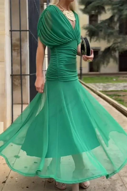 Glorol - Printed Shawl Sleeve High Waist Pleated V-Neck Off Shoulder Maxi Dress