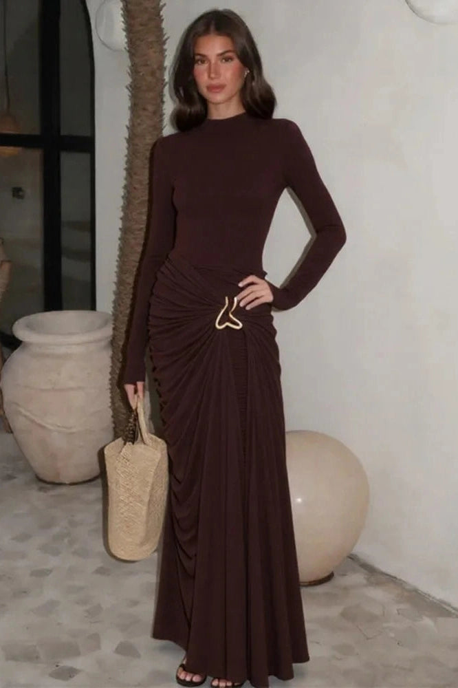 Glorol - Long Sleeve O Neck High Waist Bodycon Maxi Dress