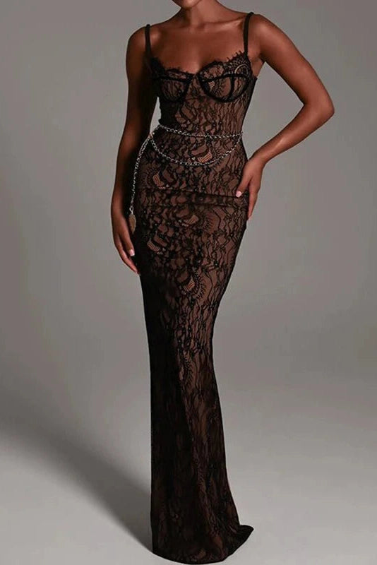 Glorol - Elegant V Neck Sleeveless Lace Slim Maxi Dress